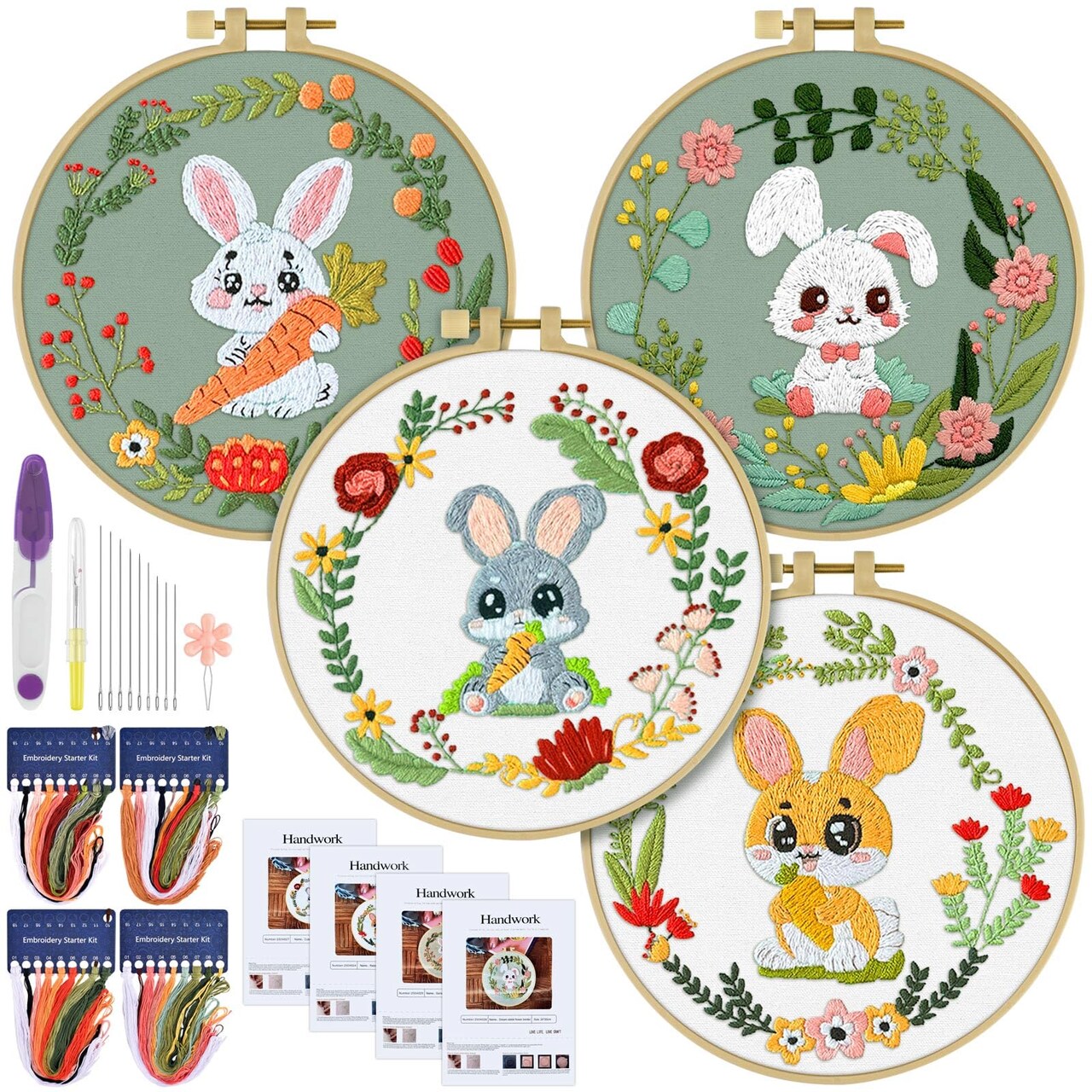 4 Sets Embroidery Kit, Animal Cross Stitch Set for Include Embroidery Cloth Hoops Threads for Craft Lover Hand Stitch (Rabbit)